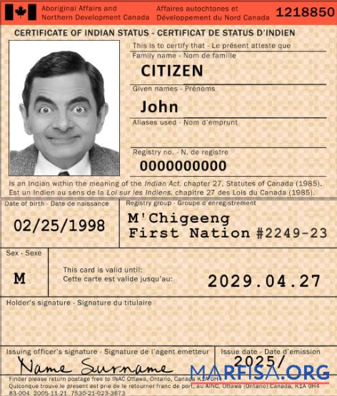 Printable Canada certificate of Indian status sample